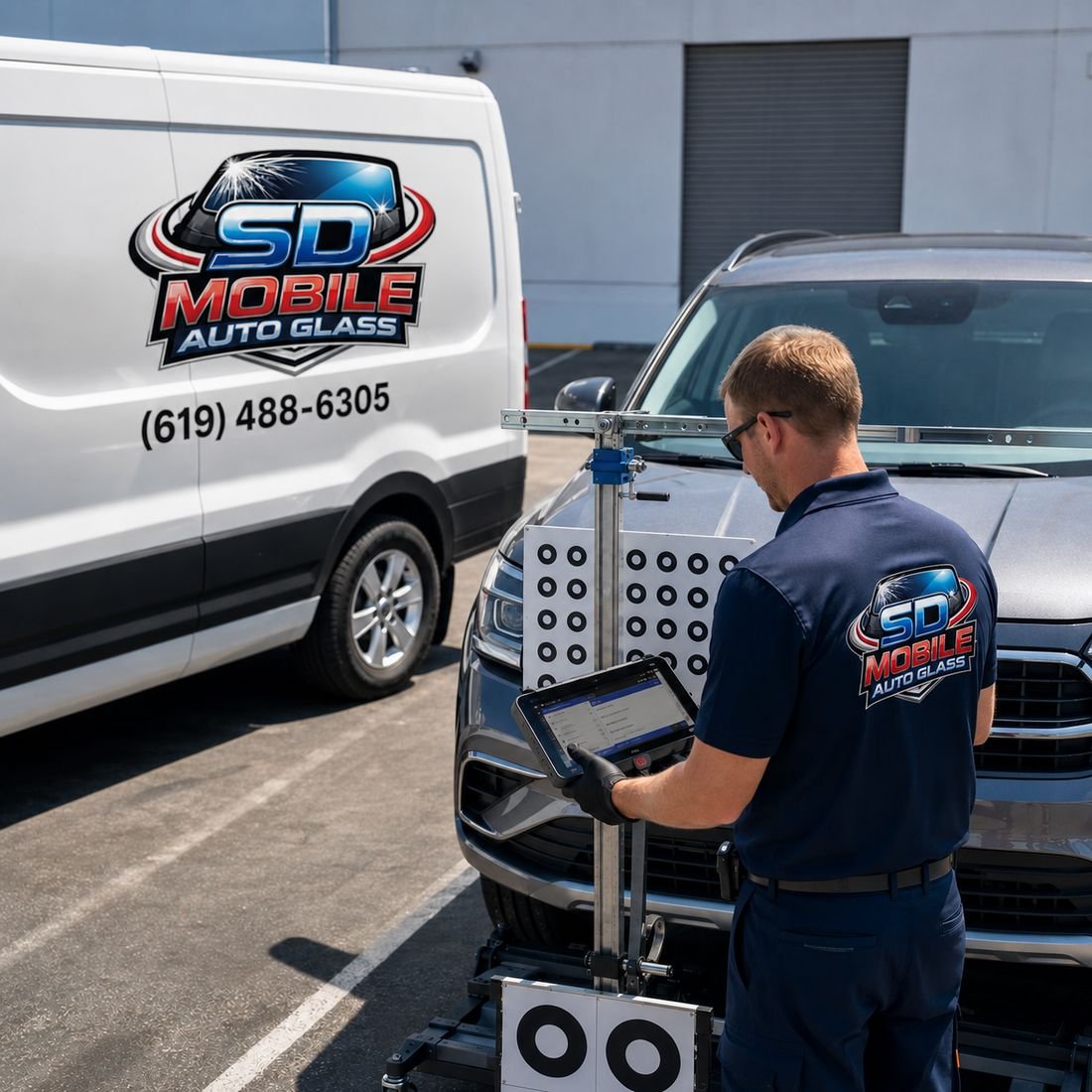 Technician running an ADAS camera calibration with a target board in front of a car