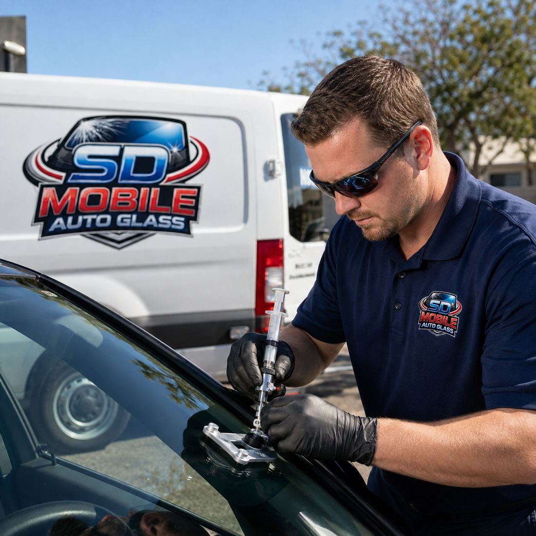 Technician using repair tools on a windshield in front of the SD Mobile Auto Glass van