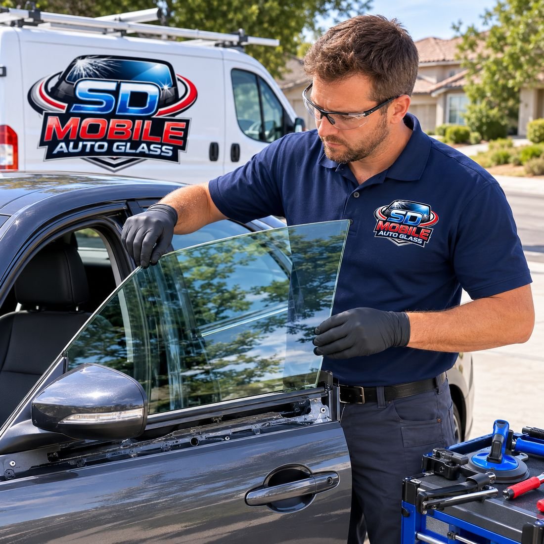 Technician lowering new door glass into a car beside the SD Mobile Auto Glass van