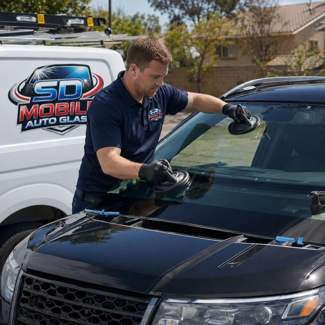 SD Mobile Auto Glass technician setting a windshield on a pickup beside the company van