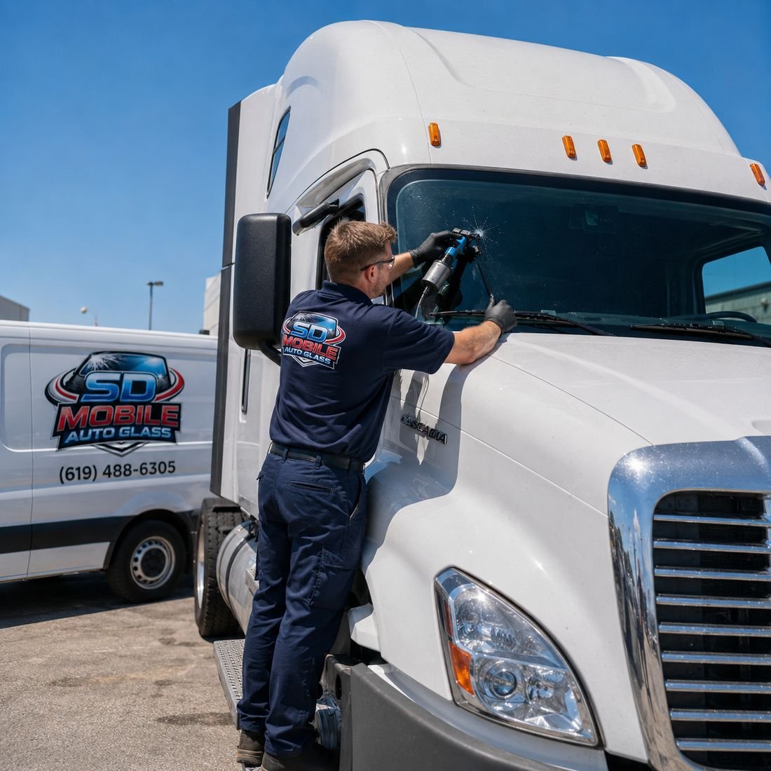 Technician working on the windshield of a white semi-truck cab