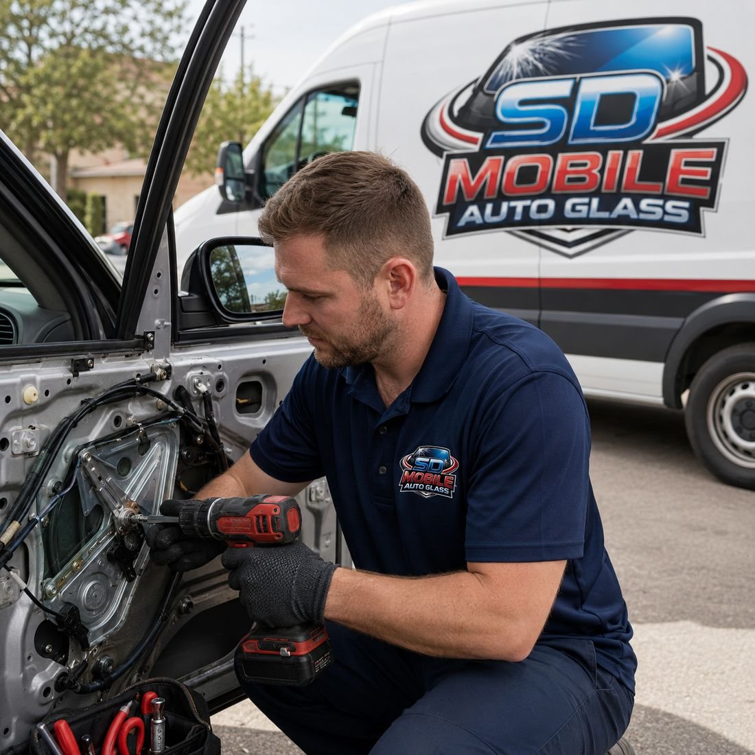 Technician working inside an open door panel on a window regulator