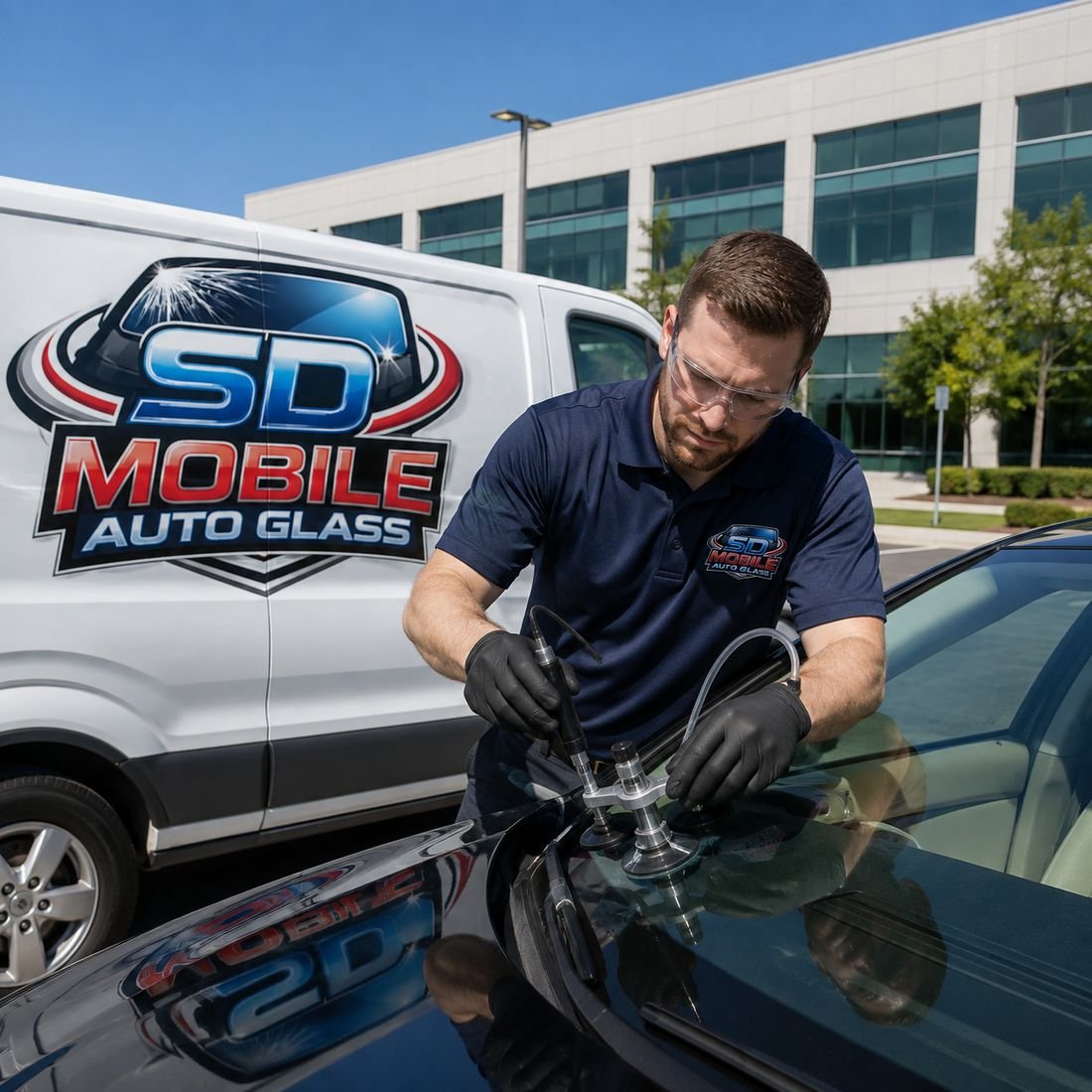 Technician repairing a windshield chip with a resin injector beside an SD Mobile Auto Glass van